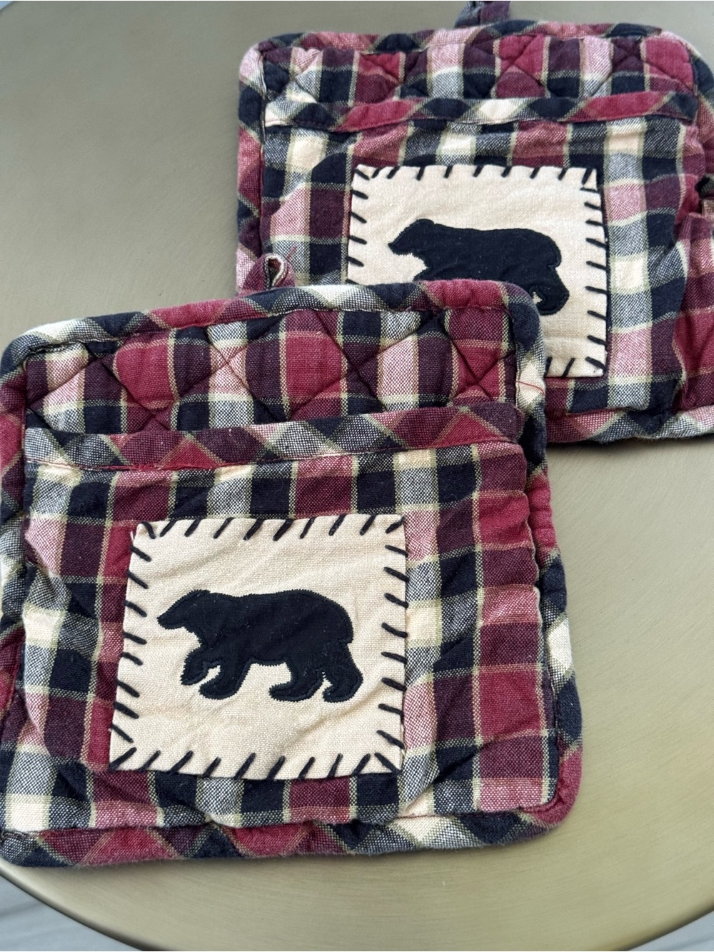 Plaid Cotton Quilted Bear Pot Holders - Set of 2